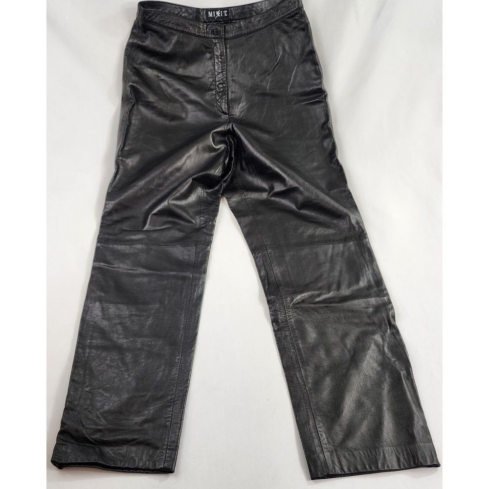 VINTAGE Mixit Womens sz 14 Black Genuine Leather Biker Pants Straight Leg NEW